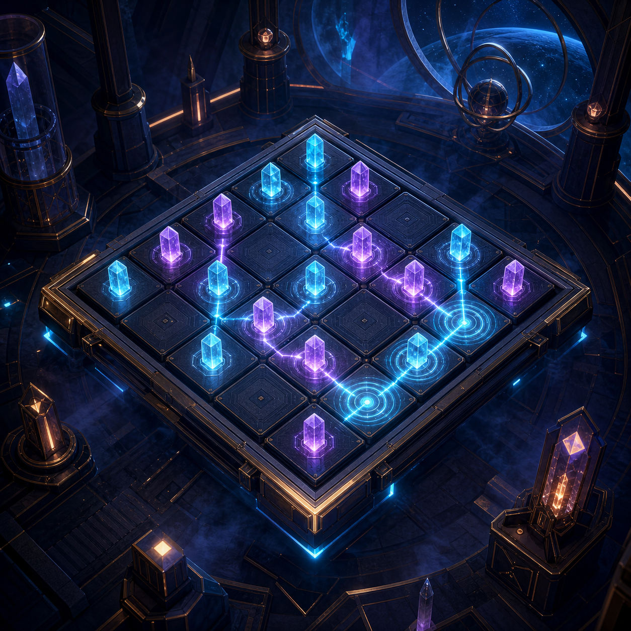 Alien crystalline logic grid glowing inside a dark observatory
