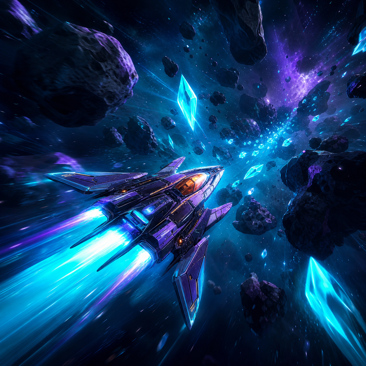 Original spacecraft racing through a luminous asteroid field