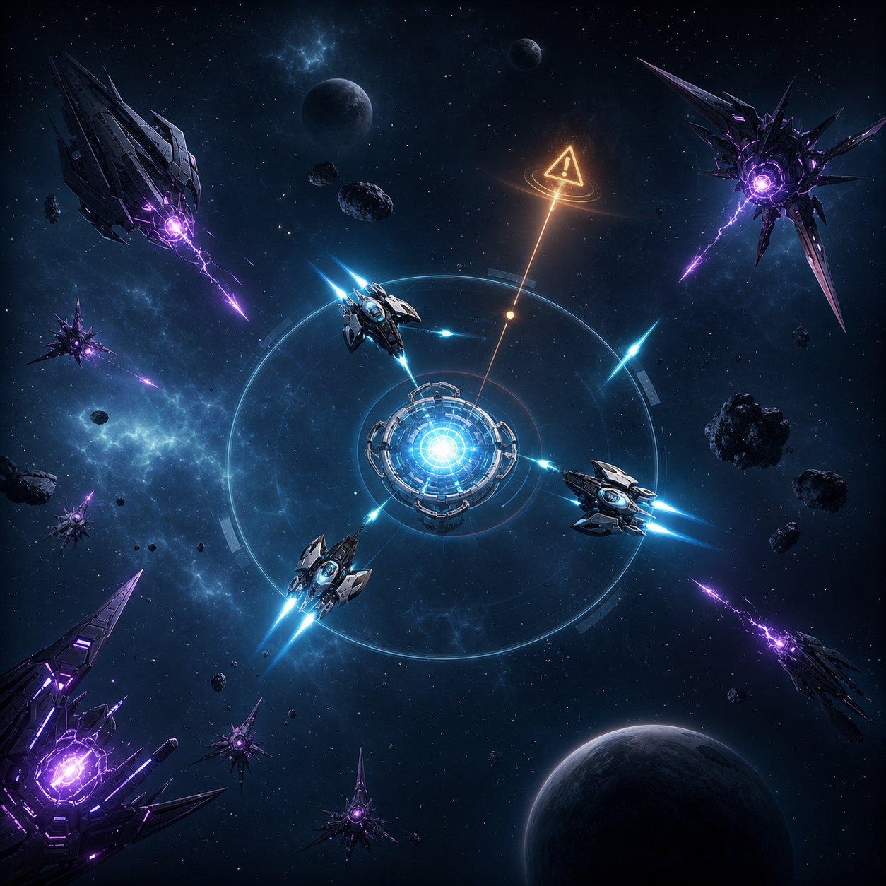 Interceptor drones defending a radiant orbital core