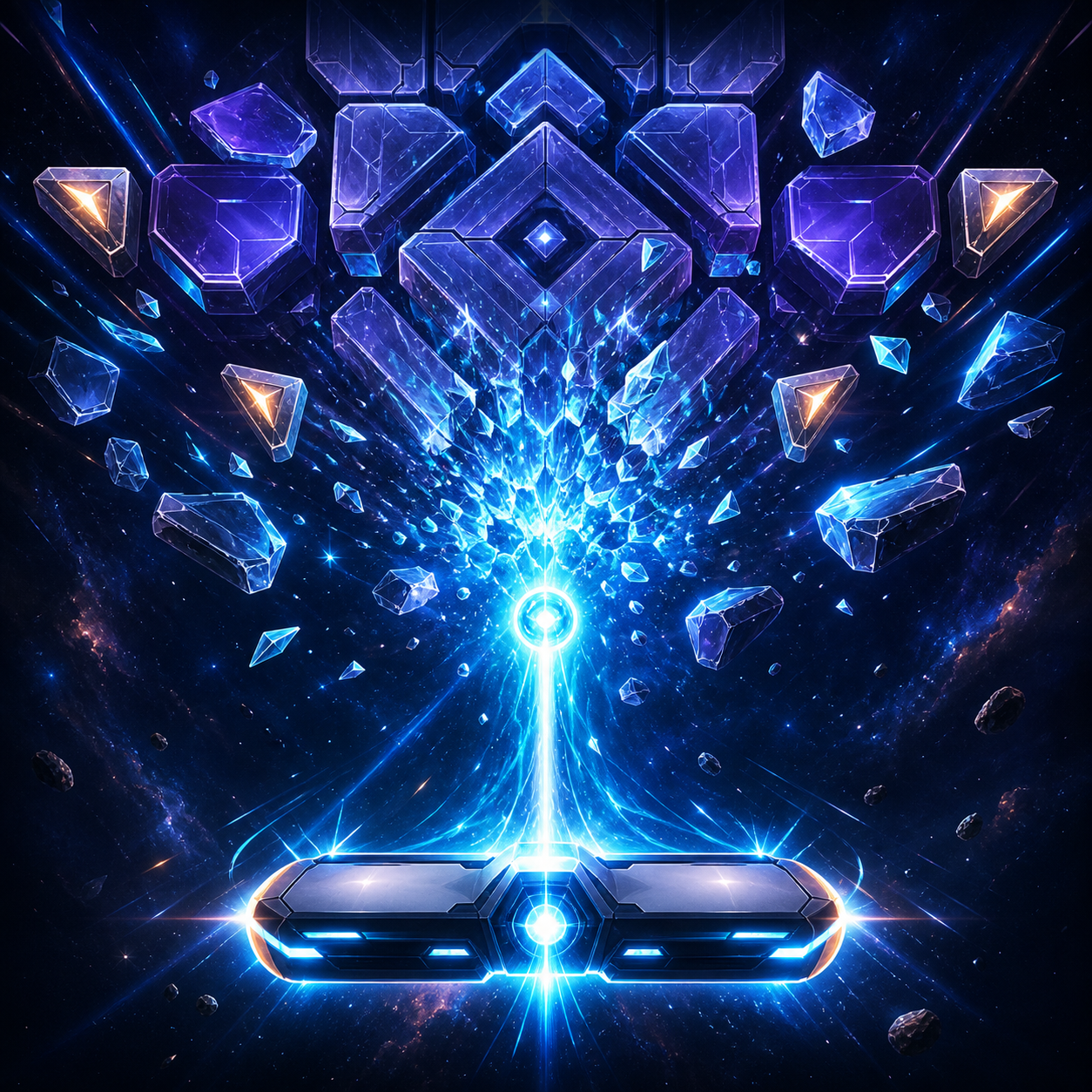 Energy core shattering a wall of crystalline space blocks