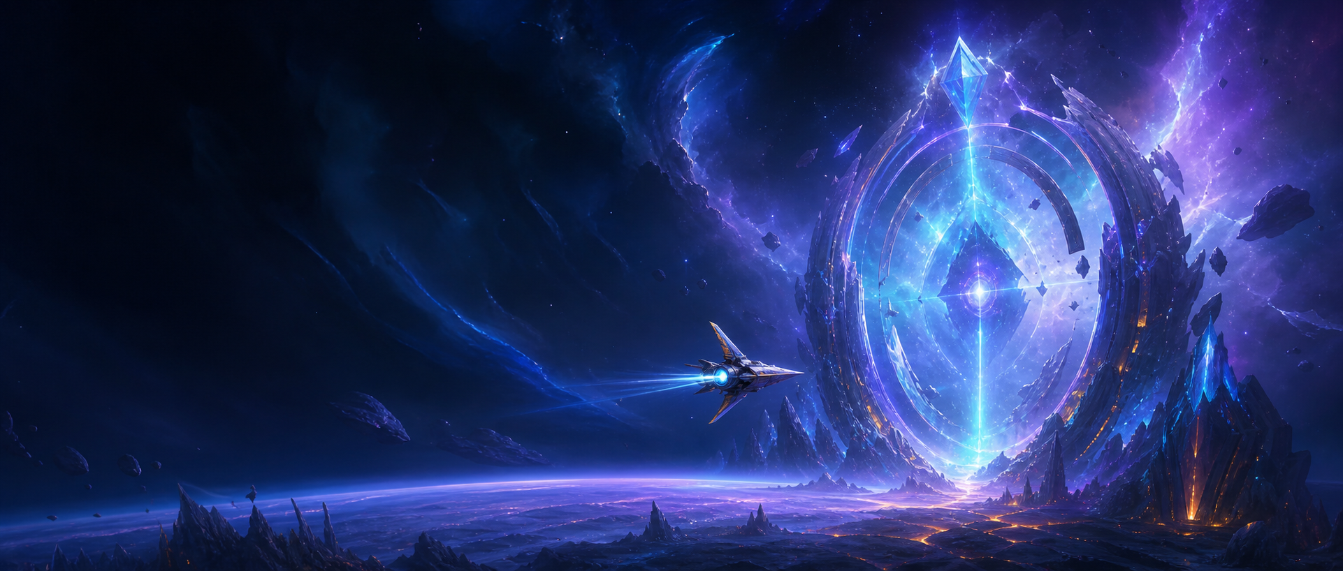 Original spacecraft approaching a crystalline cosmic gate